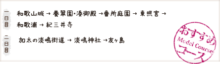 ［一日目］和歌山城 → 養翠園・湊御殿 → 番所庭園 → 東照宮 → 妹背山 → 玉津島神社 → 紀三井寺　［二日目］加太の淡島街道 → 淡島神社 → 友ヶ島